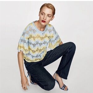 Zara blue and yellow striped lace top